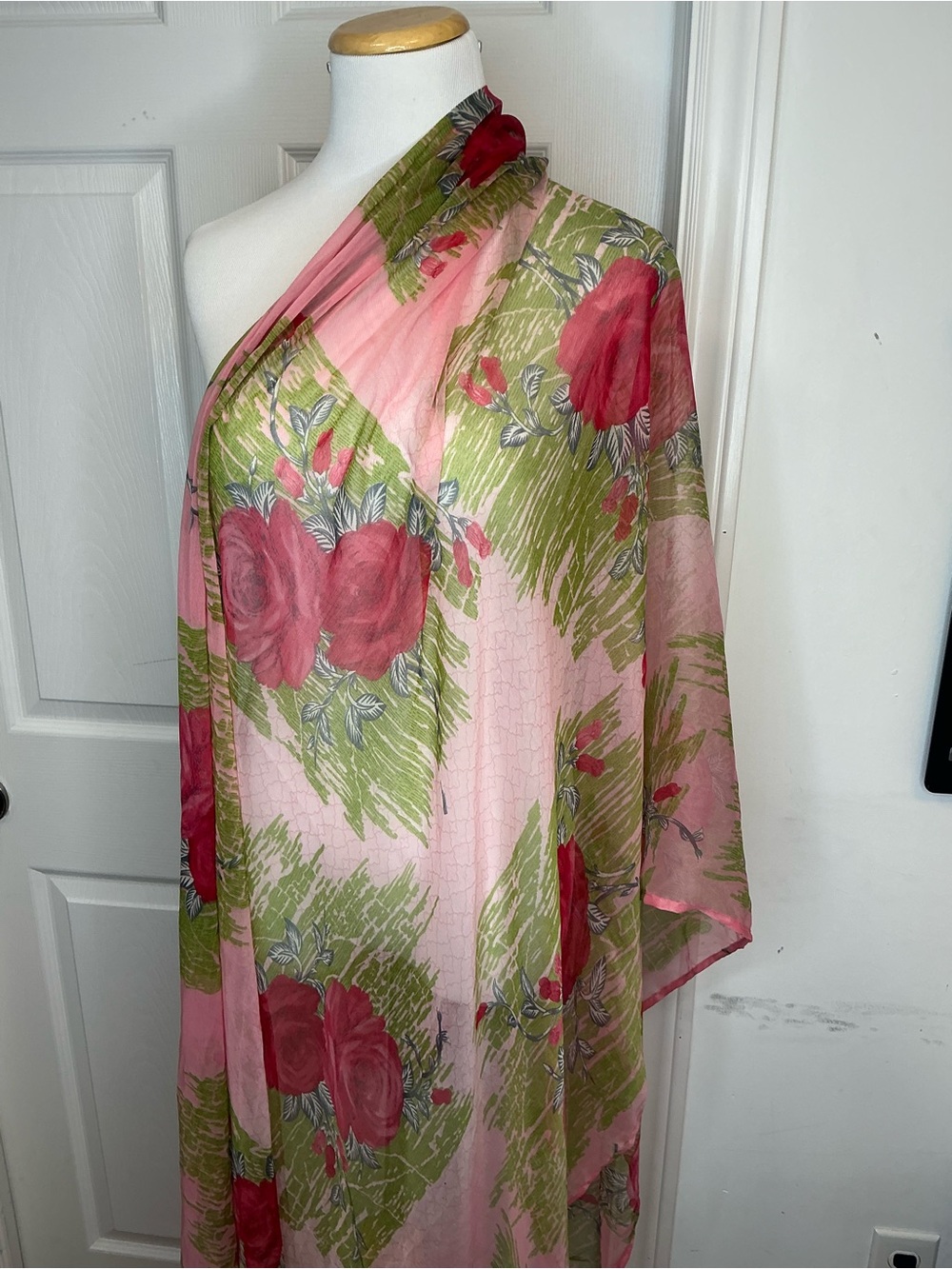 2053 - Lightweight Pink & Olive Floral Scarf - Picture 4 of 5